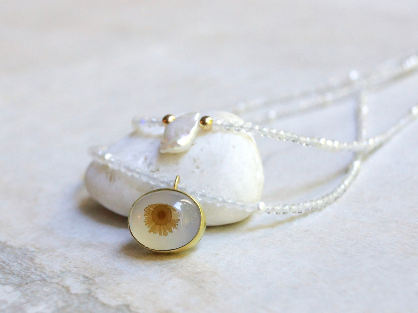 Solid Gold:Dendritic Agate Necklace, Beaded Freshwater Pearl Necklace, Dendrite Quartz, Flower, Skinny Necklace