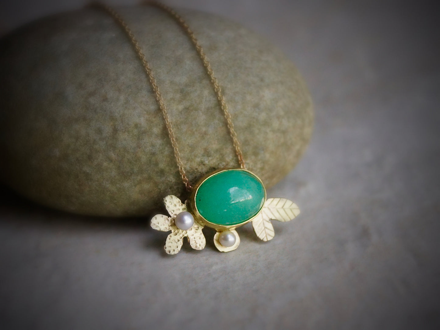 Emerald Necklace, 18K & 14K Solid Gold, May Birthstone, Flower Motif Pendant, Artisan Jewelry,  Engraved Gold Pendant, Layering Necklace