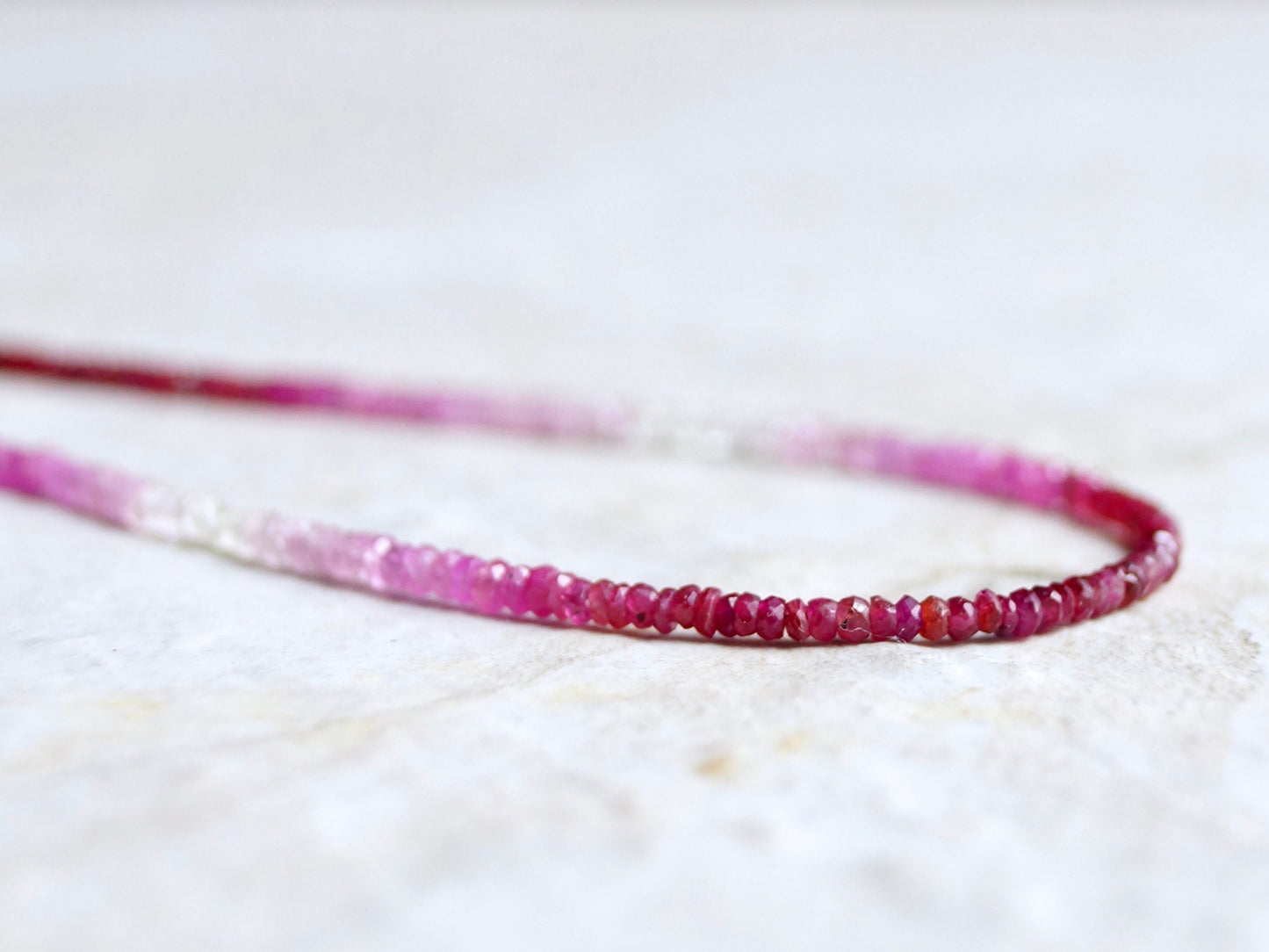 14K Solid Gold: Ombre Shaded Ruby Necklace, Very Skinny Beaded Necklace, October Birthstone, Red Ruby Fine Jewelry