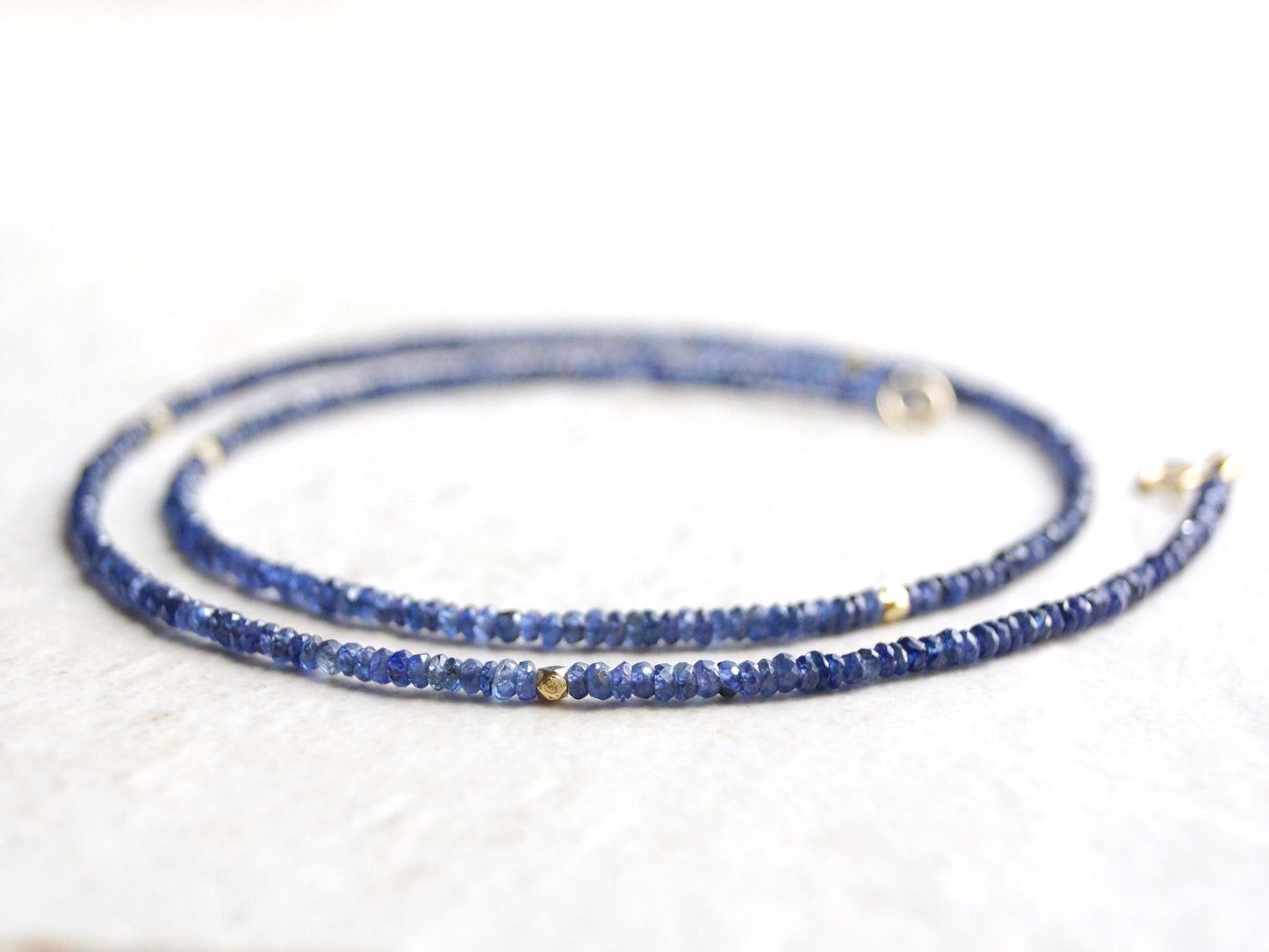 14k Solid Gold: Blue Sapphire Necklace, September Birthstone, Layered Necklace, Choker, Ultra Skinny Necklace, Delicate Beaded Gemstone