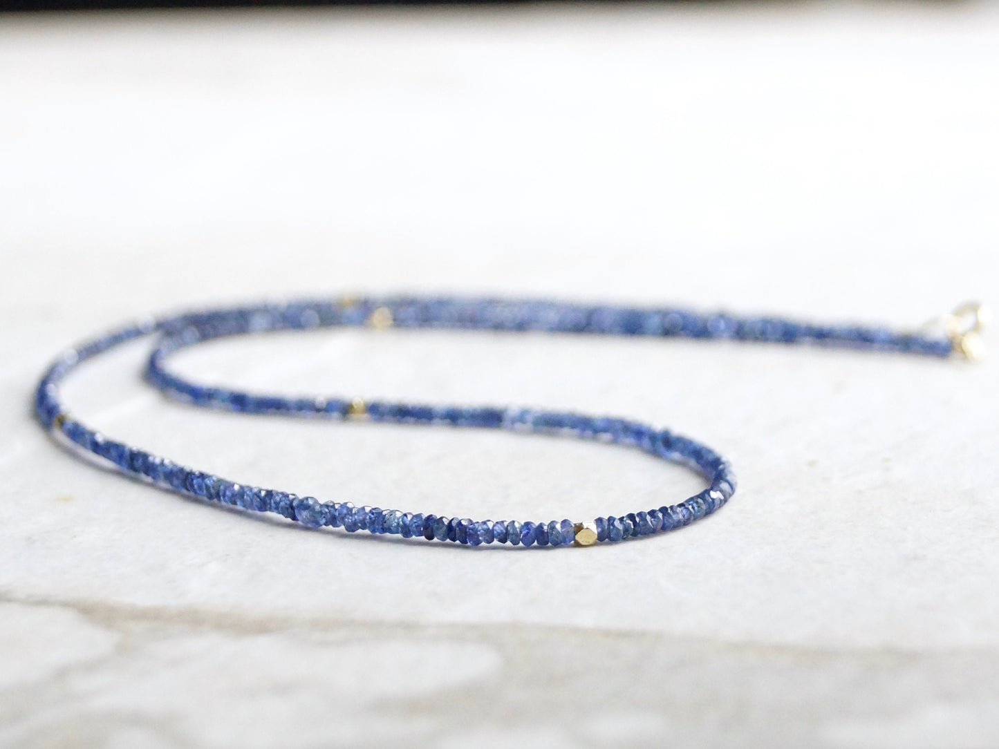 14k Solid Gold: Blue Sapphire Necklace, September Birthstone, Layered Necklace, Choker, Ultra Skinny Necklace, Delicate Beaded Gemstone