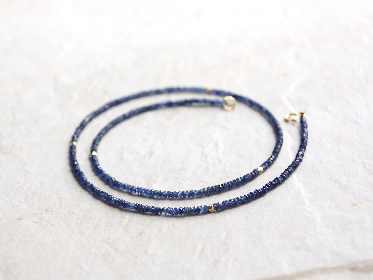 14k Solid Gold: Blue Sapphire Necklace, September Birthstone, Layered Necklace, Choker, Ultra Skinny Necklace, Delicate Beaded Gemstone