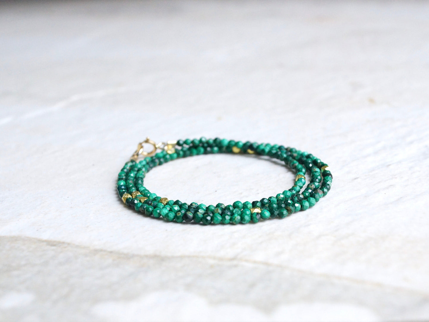 14K Solid Gold: Green Malachite Beaded Necklace, Layering Malachite Necklace, Dainty Deep Green Gemstone Necklace, Fine Jewelry, Minimalist