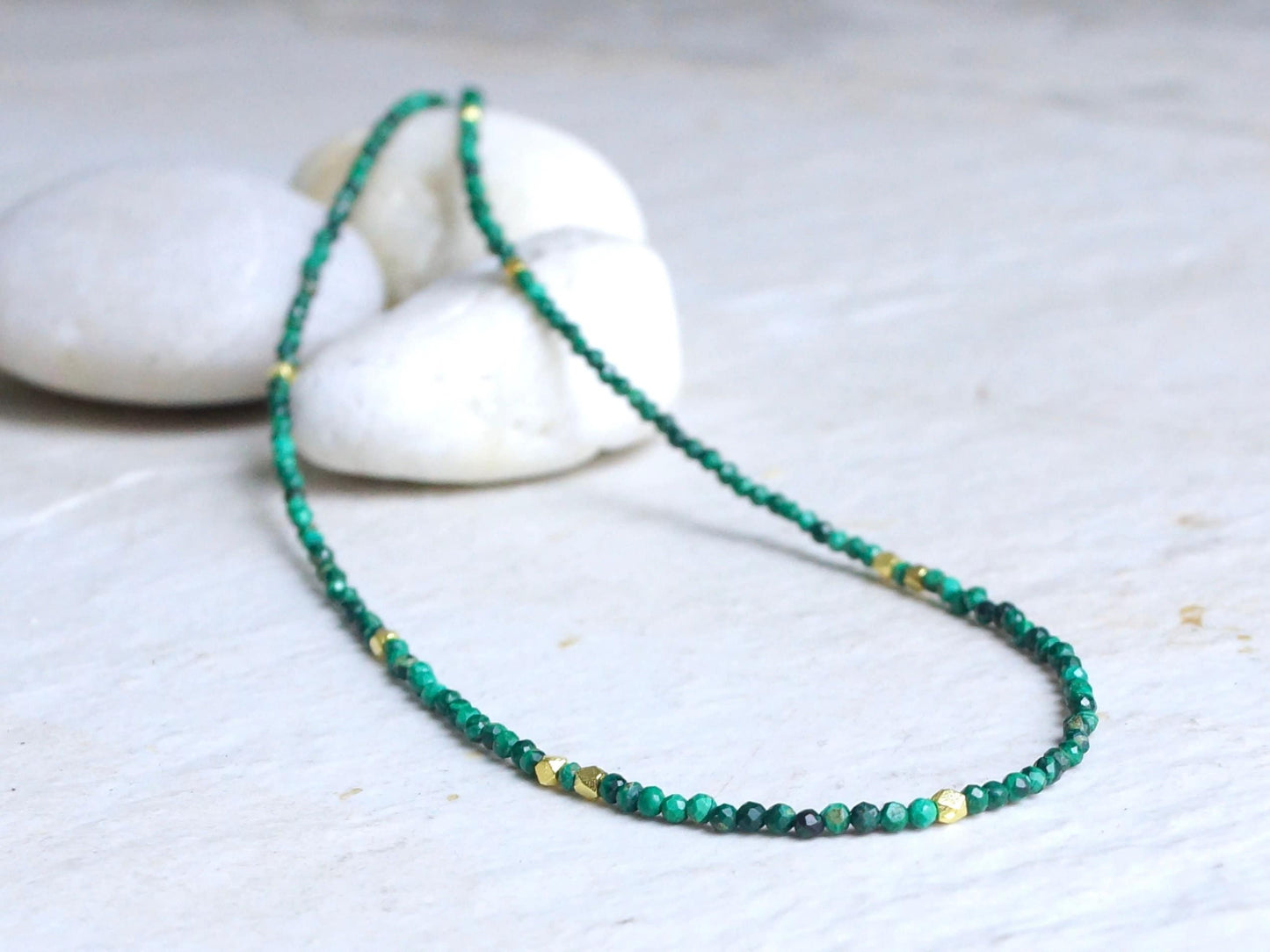 14K Solid Gold: Green Malachite Beaded Necklace, Layering Malachite Necklace, Dainty Deep Green Gemstone Necklace, Fine Jewelry, Minimalist