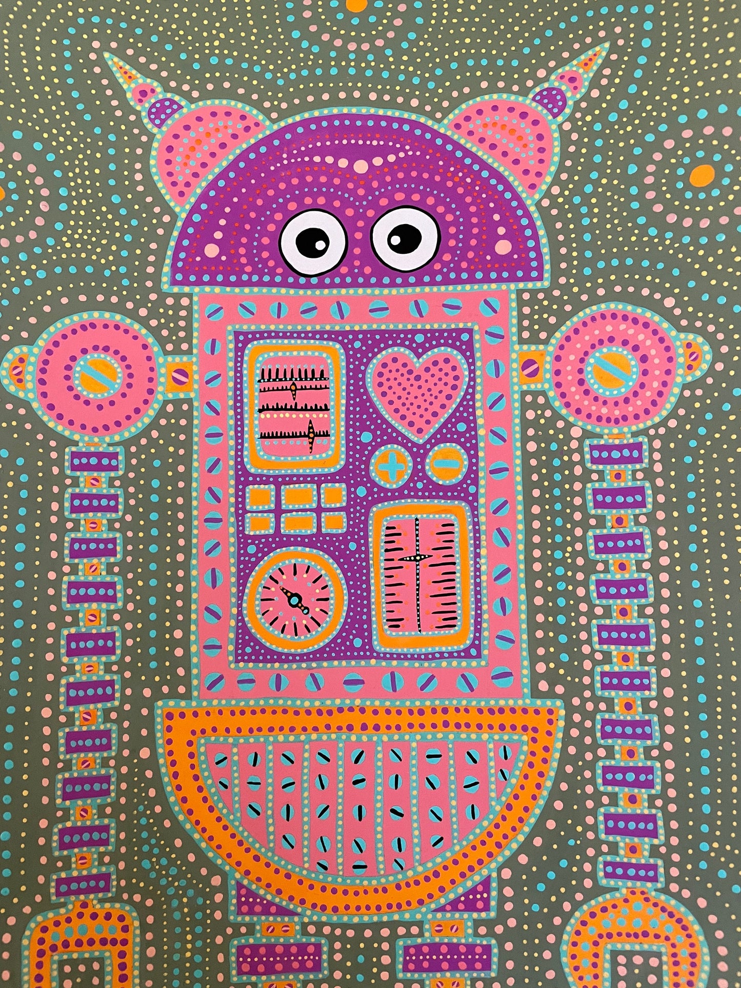 8"x12" |Robot With A Soul 3 |Original Art |Boys |Kids |Wall Art Print |Signed by Artist |Play Room |Dots |8x12 |12x16|Green|Pink