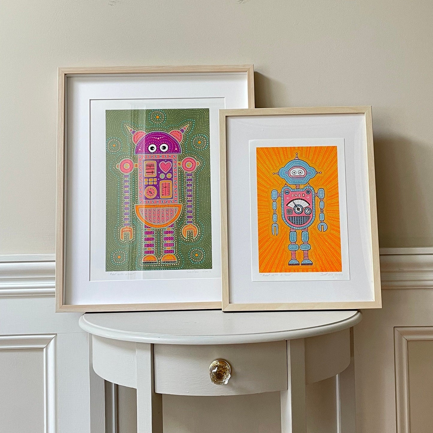 8"x12" |Robot With A Soul 3 |Original Art |Boys |Kids |Wall Art Print |Signed by Artist |Play Room |Dots |8x12 |12x16|Green|Pink