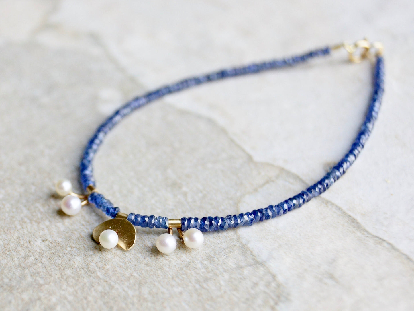 14k Solid Gold: Blue Sapphire and Pearl Bracelet, September Birthstone, Fine Jewelry Artisan, layering, Skinny, Delicate Beaded Bracelet