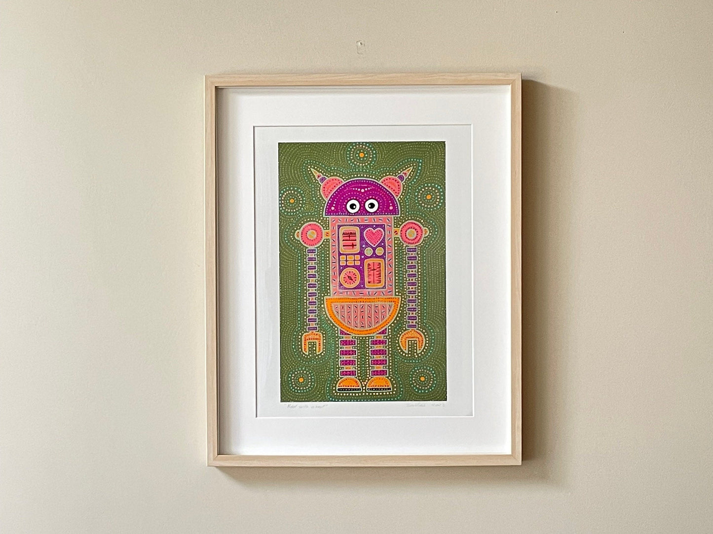 8"x12" |Robot With A Soul 3 |Original Art |Boys |Kids |Wall Art Print |Signed by Artist |Play Room |Dots |8x12 |12x16|Green|Pink