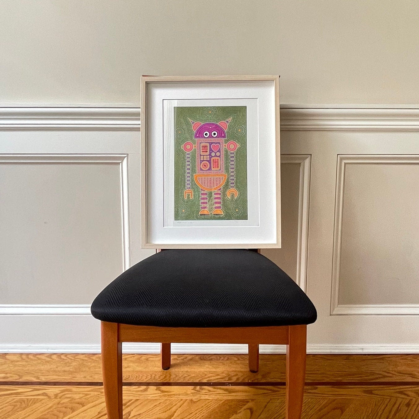 8"x12" |Robot With A Soul 3 |Original Art |Boys |Kids |Wall Art Print |Signed by Artist |Play Room |Dots |8x12 |12x16|Green|Pink