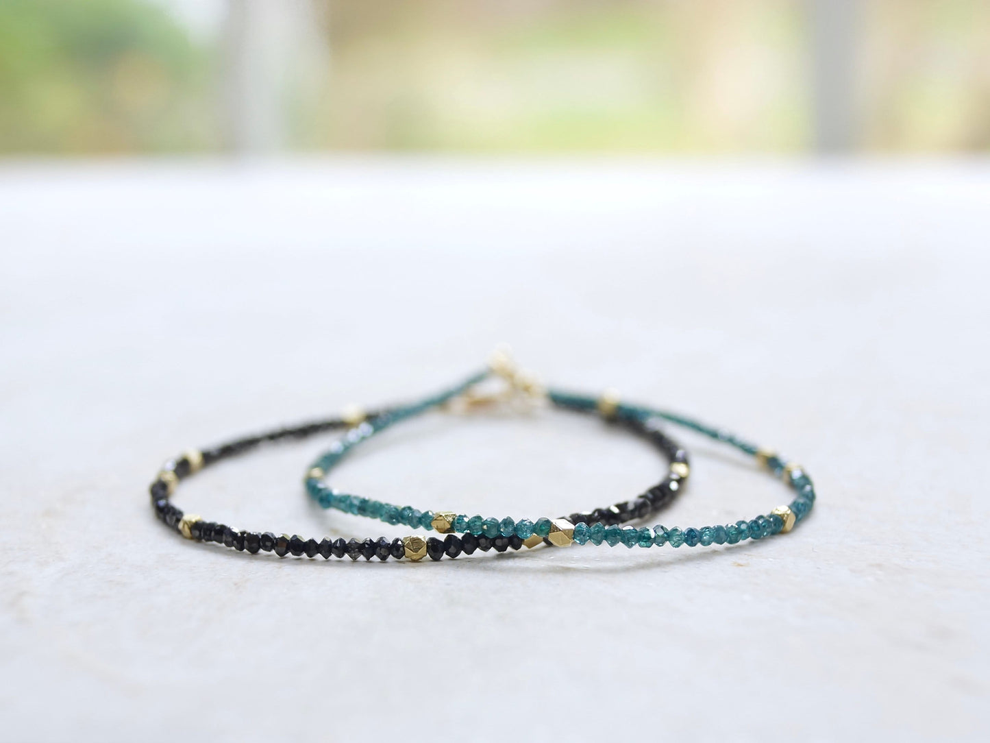 14K Solid Gold: Black Diamond Beaded Bracelet, Faceted Genuine Diamond, Layered, Delicate, Real Natural Diamond, Skinny Bracelet