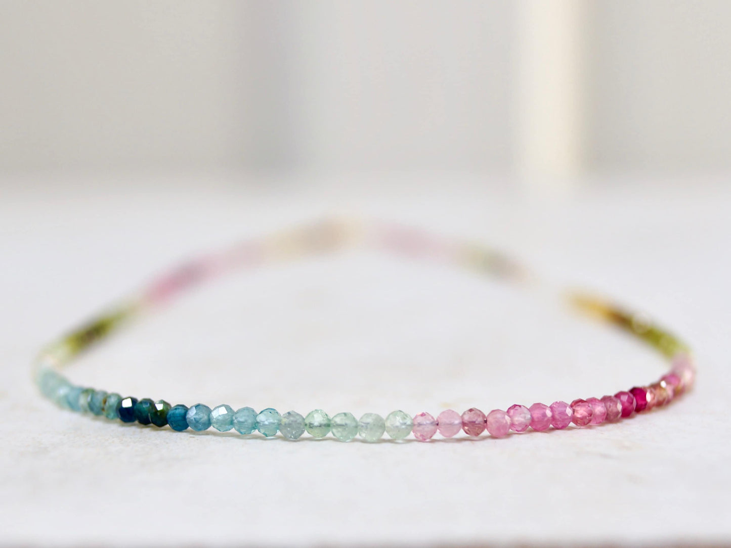 14K Solid Gold: Multi Colored Ombre Tourmaline Beaded Necklace, October Birthstone, Skinny Gemstone Necklace, Watermelon Tourmaline