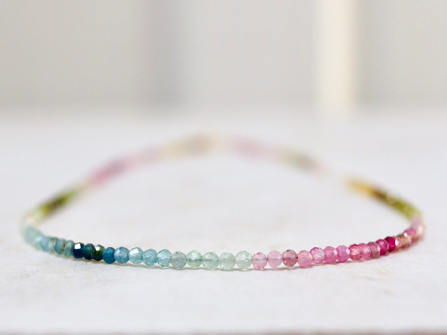 14K Solid Gold: Tourmaline Bead Necklace| 2.5mm| October Birthstone| Multi Color| Ombre| Gradient| Skinny Gemstone Necklace| Dainty Jewelry