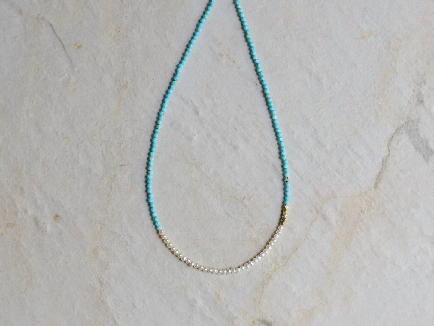 14K Solid Gold: Turquoise and Pearl Beaded Necklace, Simple Layer Turquoise, Dainty Very Thin Gemstone Necklace, 2mm, Fine Jewelry