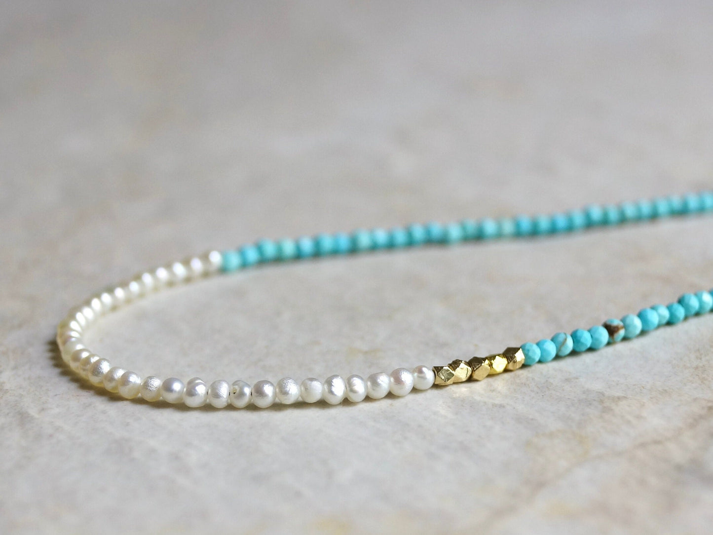 14K Solid Gold: Turquoise and Pearl Beaded Necklace, Simple Layer Turquoise, Dainty Very Thin Gemstone Necklace, 2mm, Fine Jewelry