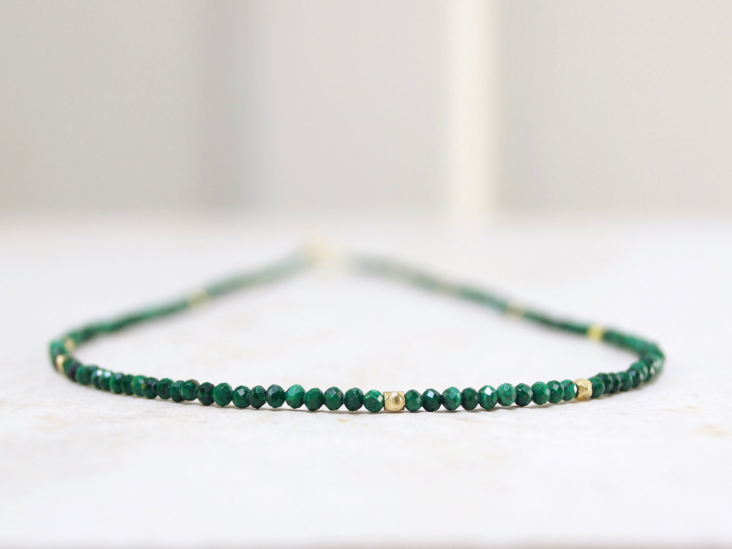 14K Solid Gold: Green Malachite Beaded Necklace, Layering Malachite Necklace, Dainty Deep Green Gemstone Necklace, Fine Jewelry, Minimalist