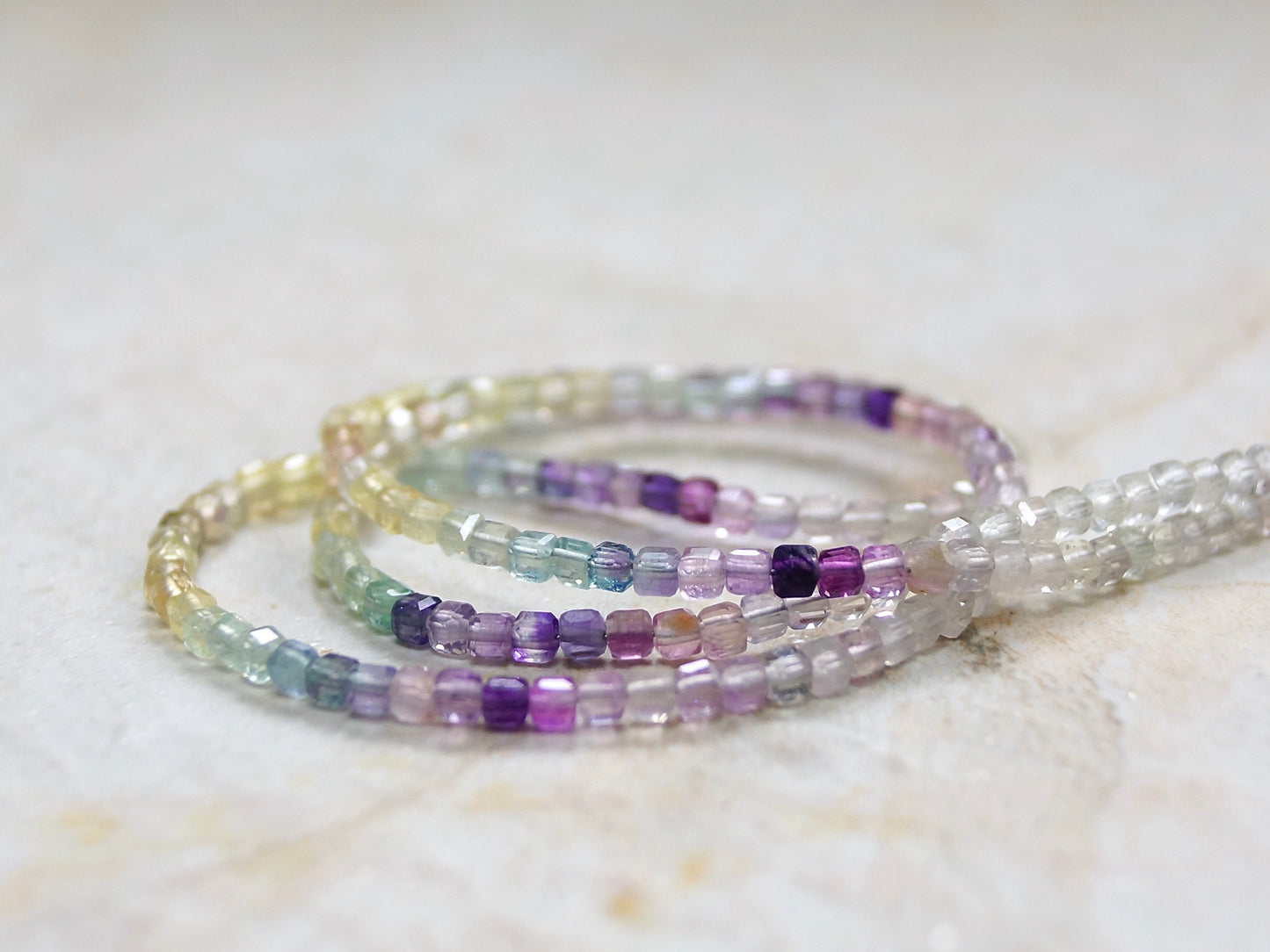 14K Solid Gold: Fluorite Beaded Necklace | Multi Color | Gradient Gemstone | Ombre Necklace | Layered | Purple Green Blue Yellow