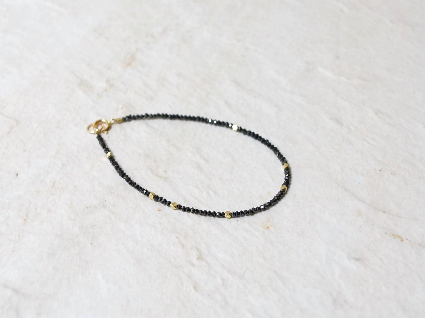 14K Solid Gold: Black Diamond Beaded Bracelet, Faceted Genuine Diamond, Layered, Delicate, Real Natural Diamond, Skinny Bracelet