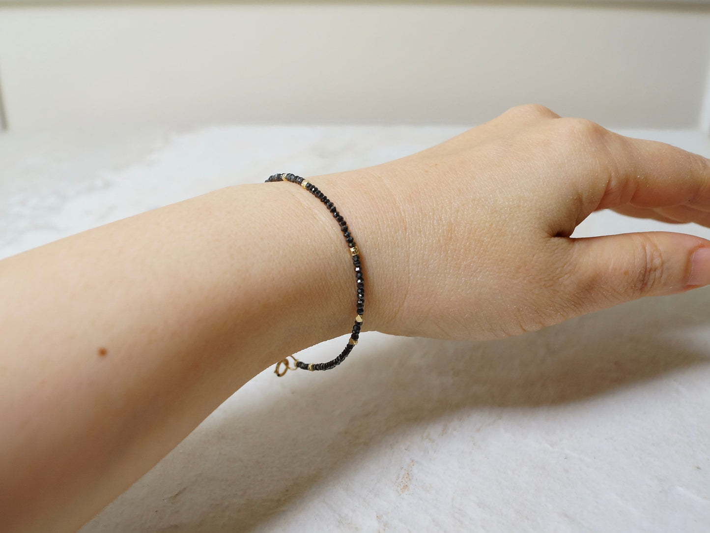 14K Solid Gold: Black Diamond Beaded Bracelet, Faceted Genuine Diamond, Layered, Delicate, Real Natural Diamond, Skinny Bracelet