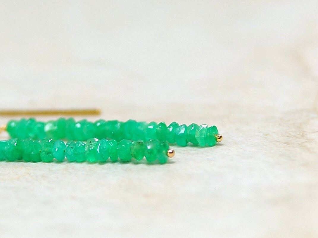 14K Solid Gold: Colombian Emerald Earrings, Threader earrings, Natural Emerald Jewelry, Beaded Bar, Dainty, Minimalist , May Birthstone