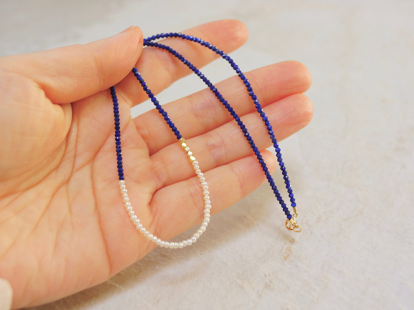 14K Solid Gold: Lapis Lazuli and Pearl Beaded Necklace, Simple Layered Necklace, Dainty Very Thin Gemstone Necklace, 2mm, Fine Jewelry