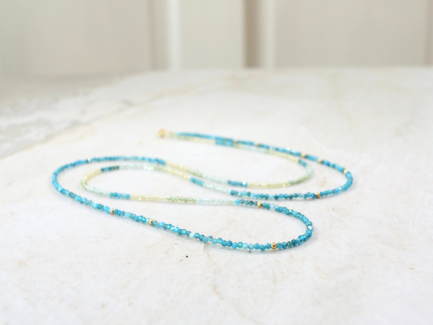 14K Solid Gold: 32" Apatite Beaded Necklace |2mm | Blue Apatite | Ombre | Shaded |fDainty Fine Jewelry| Layered | Long Necklace