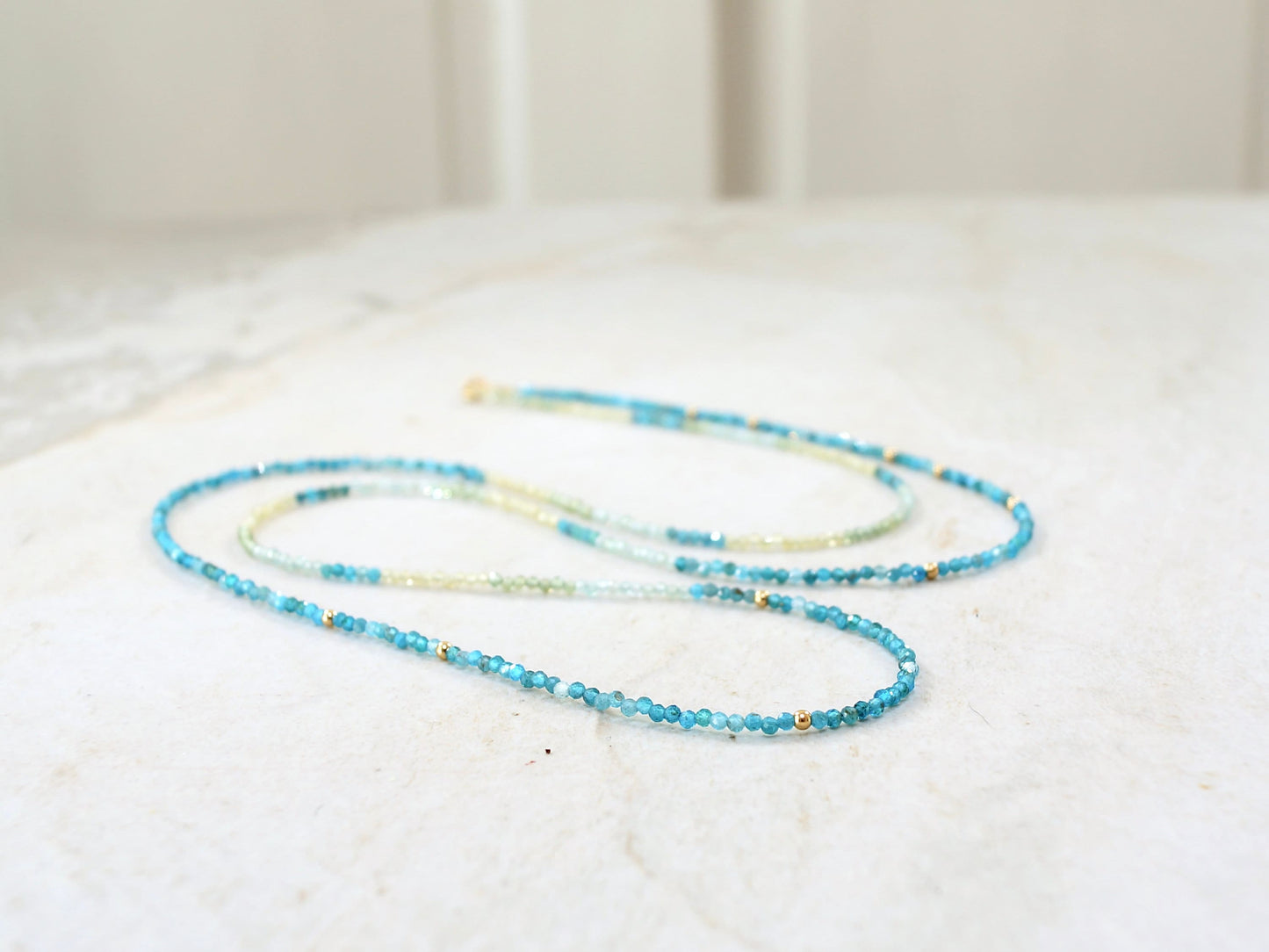 14K Solid Gold: Apatite Beaded Necklace |2mm | Blue Apatite | Ombre | Shaded |fDainty Fine Jewelry| Layered | Long Necklace