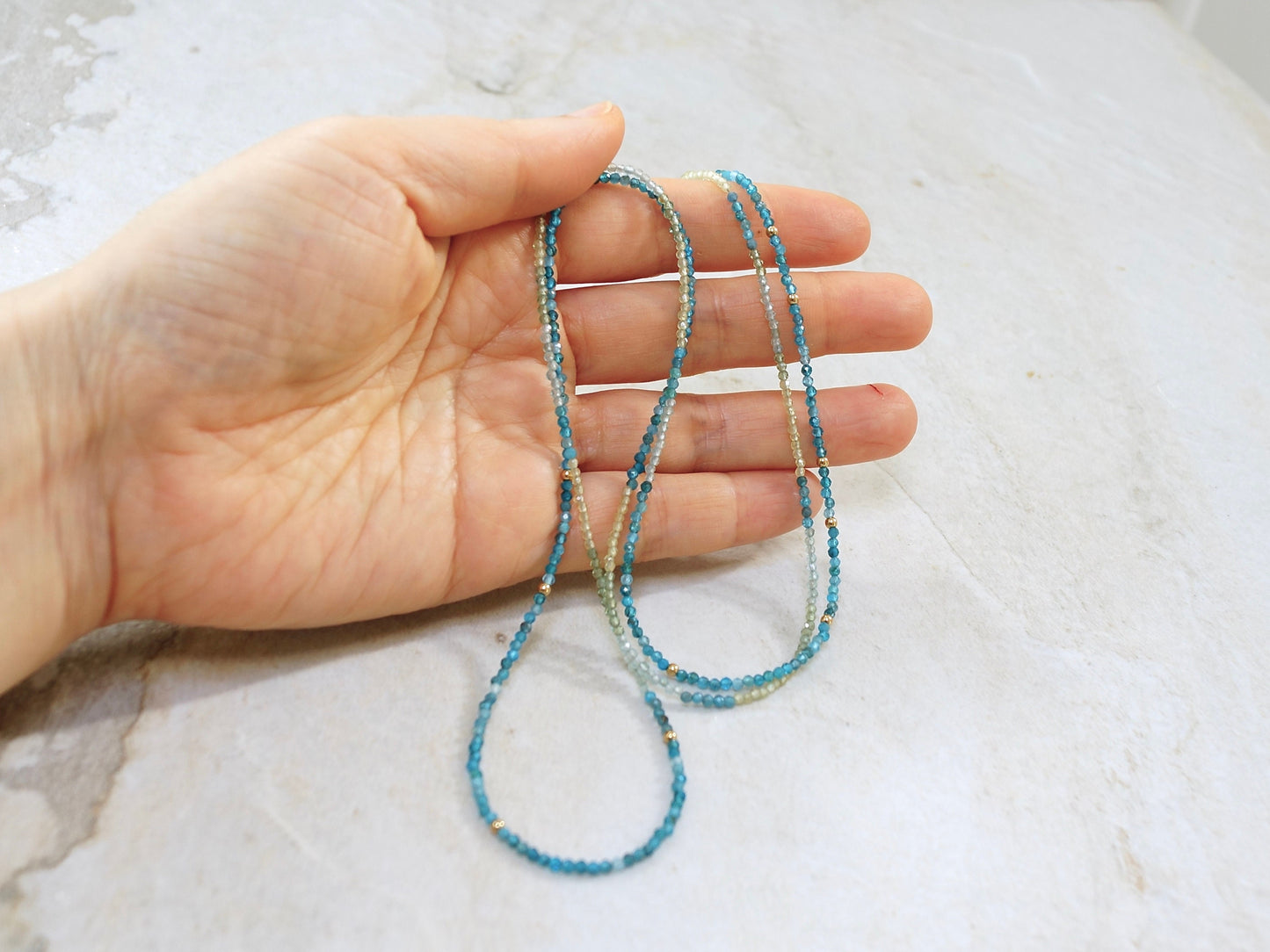 14K Solid Gold: 32" Apatite Beaded Necklace |2mm | Blue Apatite | Ombre | Shaded |fDainty Fine Jewelry| Layered | Long Necklace