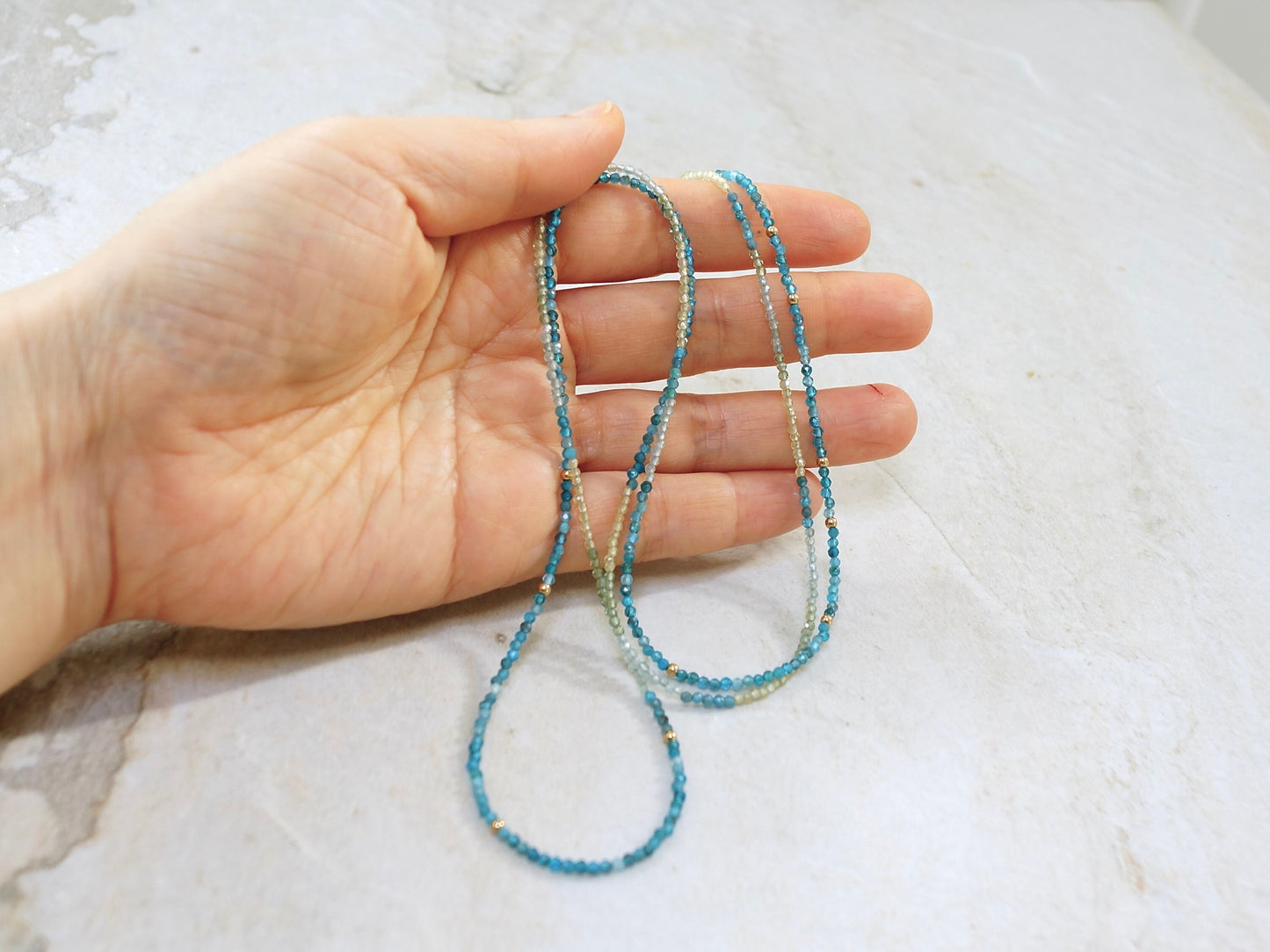 14K Solid Gold: Apatite Beaded Necklace |2mm | Blue Apatite | Ombre | Shaded |fDainty Fine Jewelry| Layered | Long Necklace