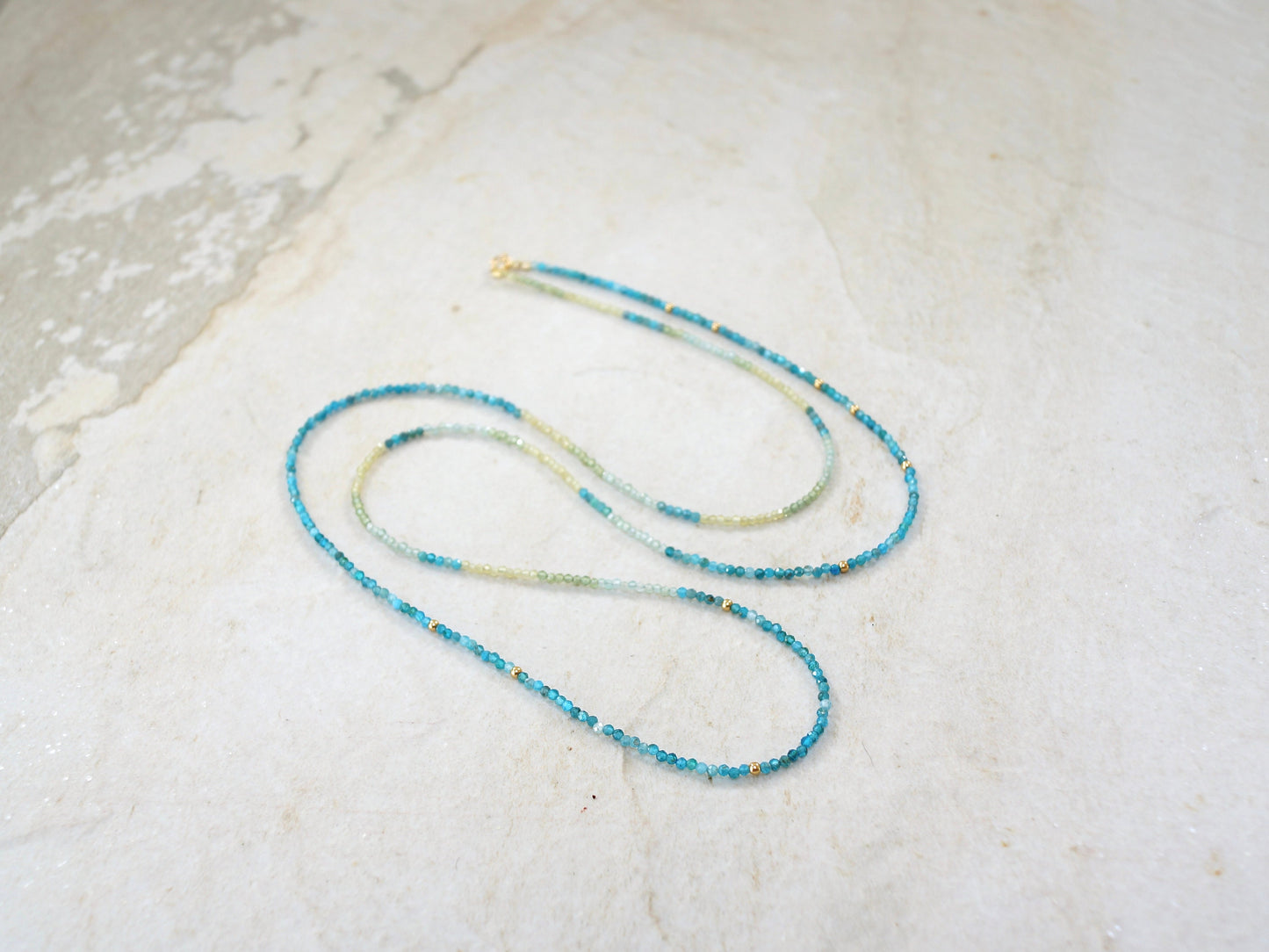 14K Solid Gold: 32" Apatite Beaded Necklace |2mm | Blue Apatite | Ombre | Shaded |fDainty Fine Jewelry| Layered | Long Necklace