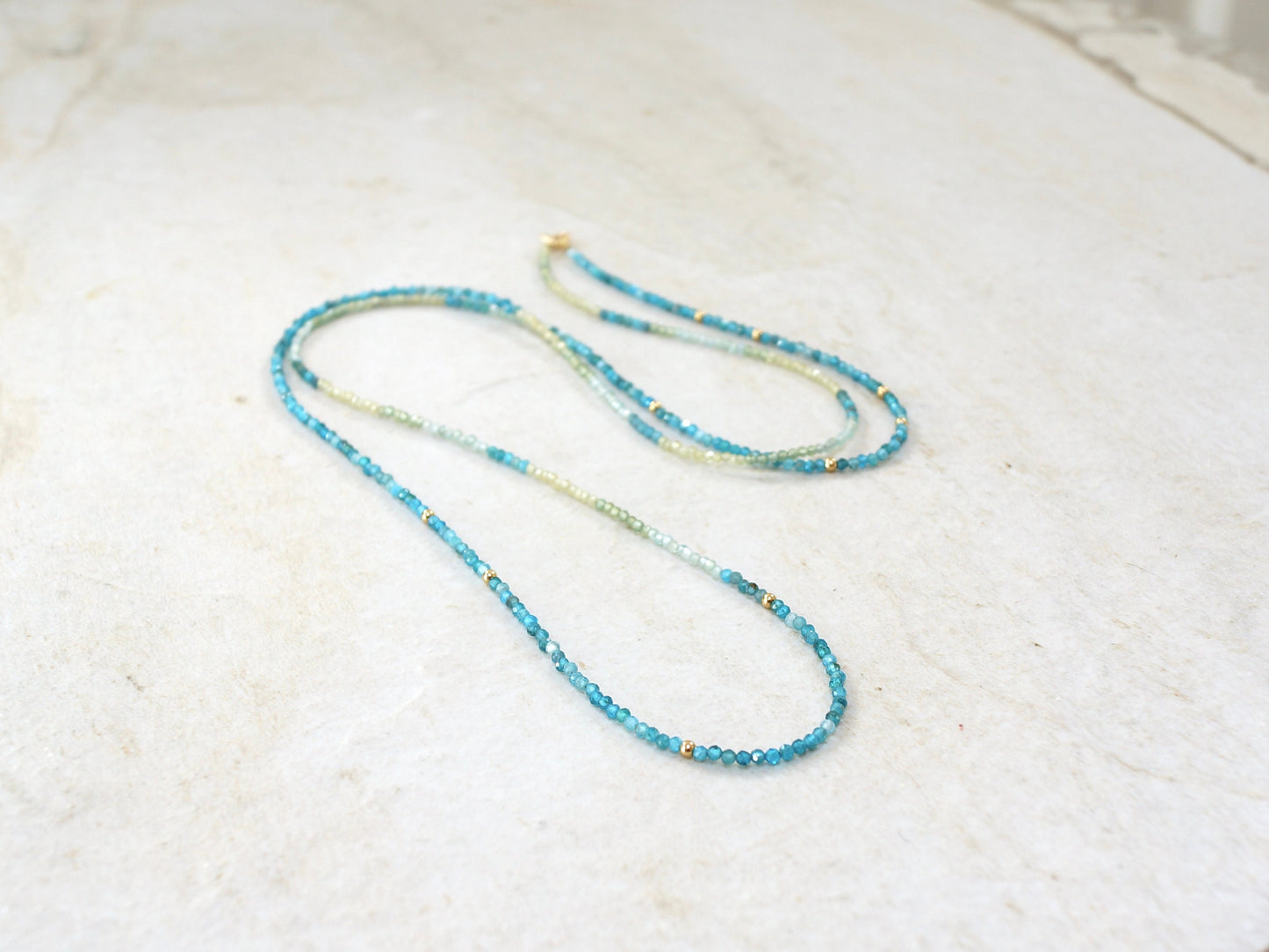 14K Solid Gold: 32" Apatite Beaded Necklace |2mm | Blue Apatite | Ombre | Shaded |fDainty Fine Jewelry| Layered | Long Necklace