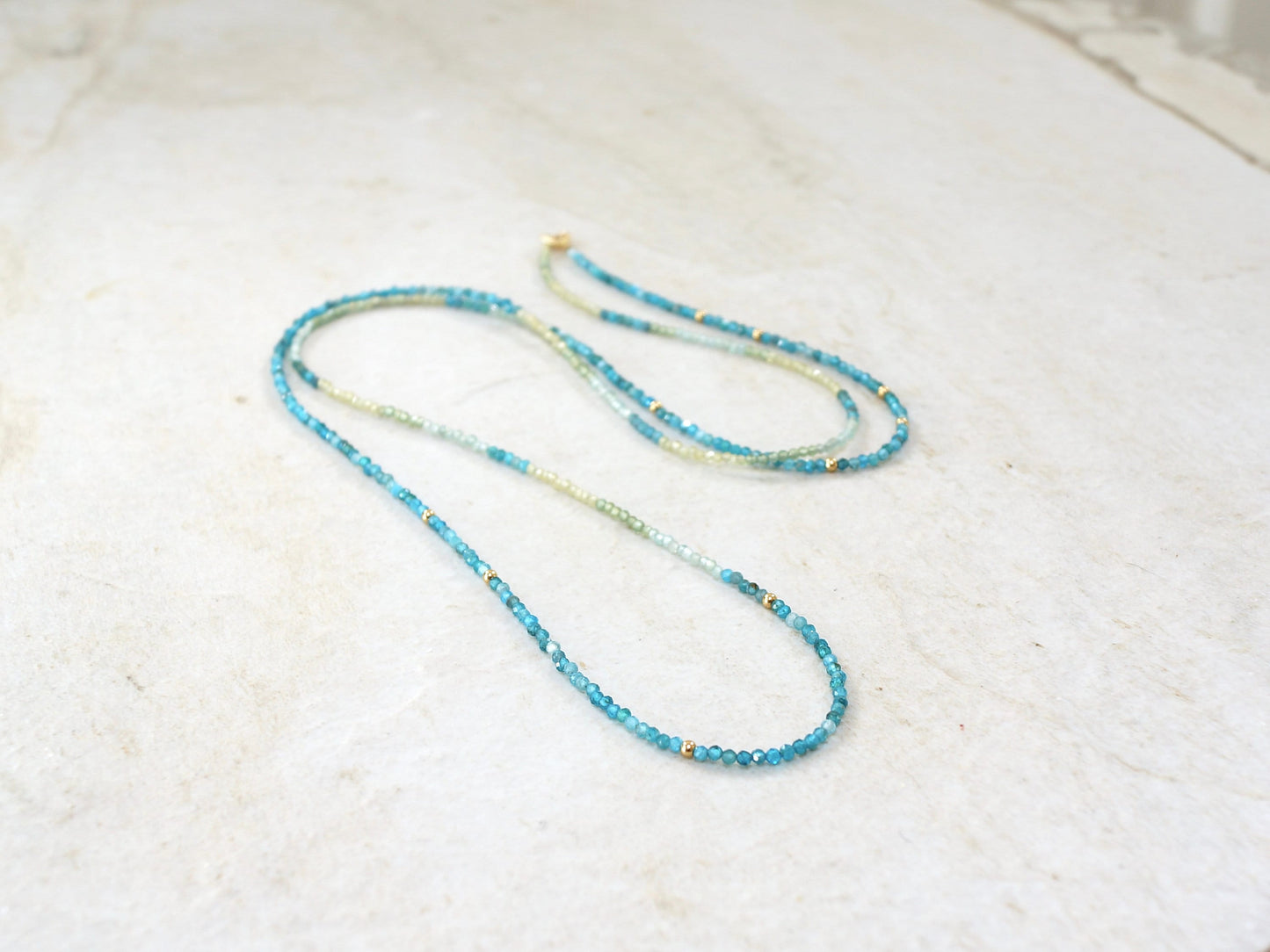 14K Solid Gold: Apatite Beaded Necklace |2mm | Blue Apatite | Ombre | Shaded |fDainty Fine Jewelry| Layered | Long Necklace