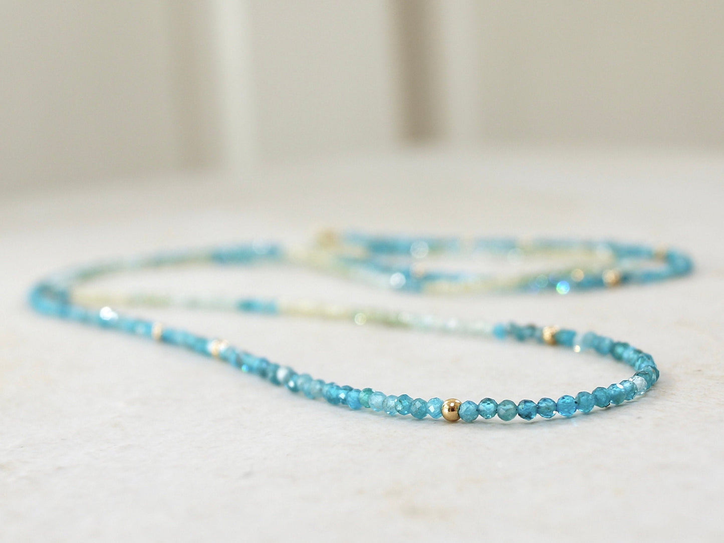 14K Solid Gold: 32" Apatite Beaded Necklace |2mm | Blue Apatite | Ombre | Shaded |fDainty Fine Jewelry| Layered | Long Necklace