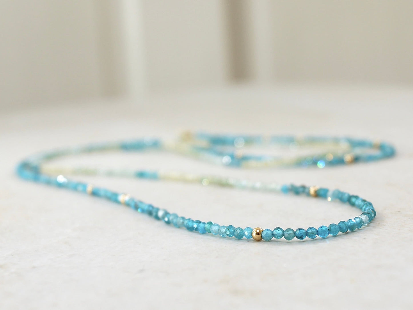 14K Solid Gold: Apatite Beaded Necklace |2mm | Blue Apatite | Ombre | Shaded |fDainty Fine Jewelry| Layered | Long Necklace