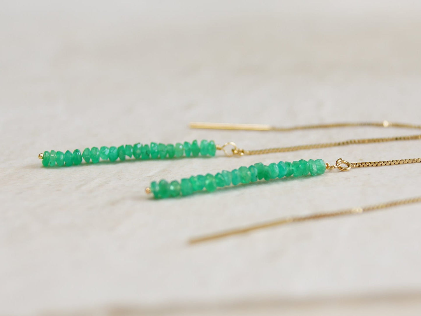 14K Solid Gold: Colombian Emerald Earrings, Threader earrings, Natural Emerald Jewelry, Beaded Bar, Dainty, Minimalist , May Birthstone