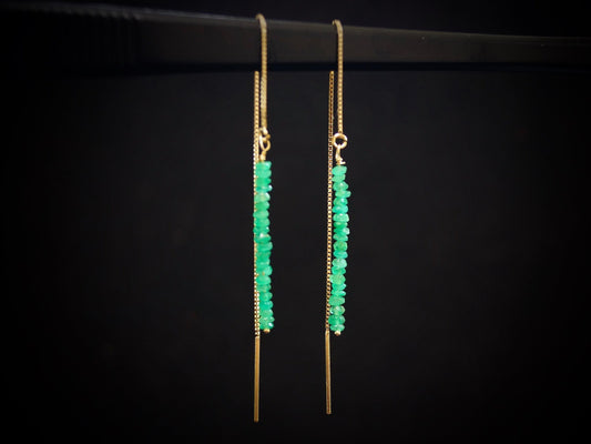 14K Solid Gold: Colombian Emerald Earrings, Threader earrings, Natural Emerald Jewelry, Beaded Bar, Dainty, Minimalist , May Birthstone