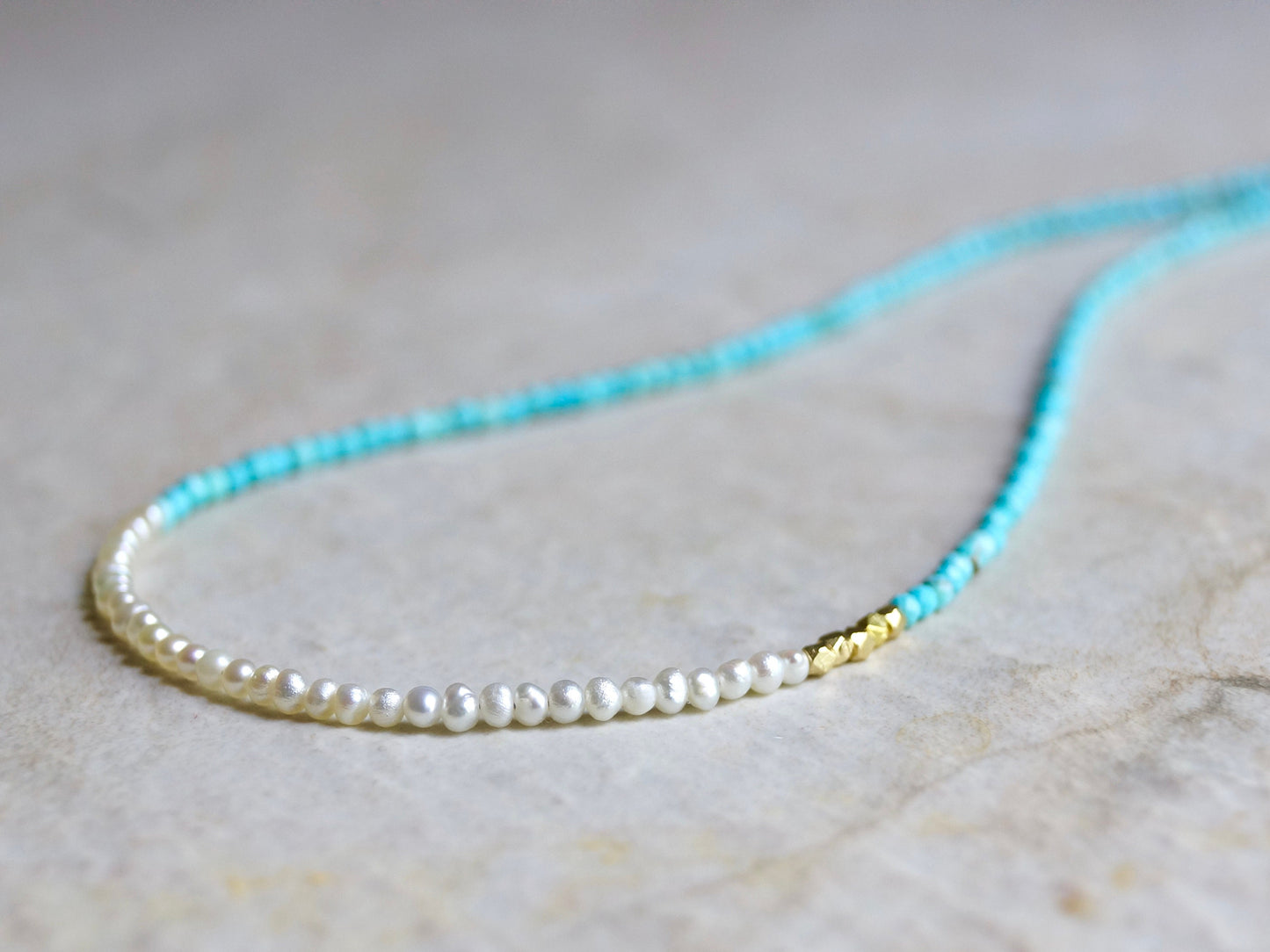 14K Solid Gold: Turquoise and Pearl Beaded Necklace, Simple Layer Turquoise, Dainty Very Thin Gemstone Necklace, 2mm, Fine Jewelry