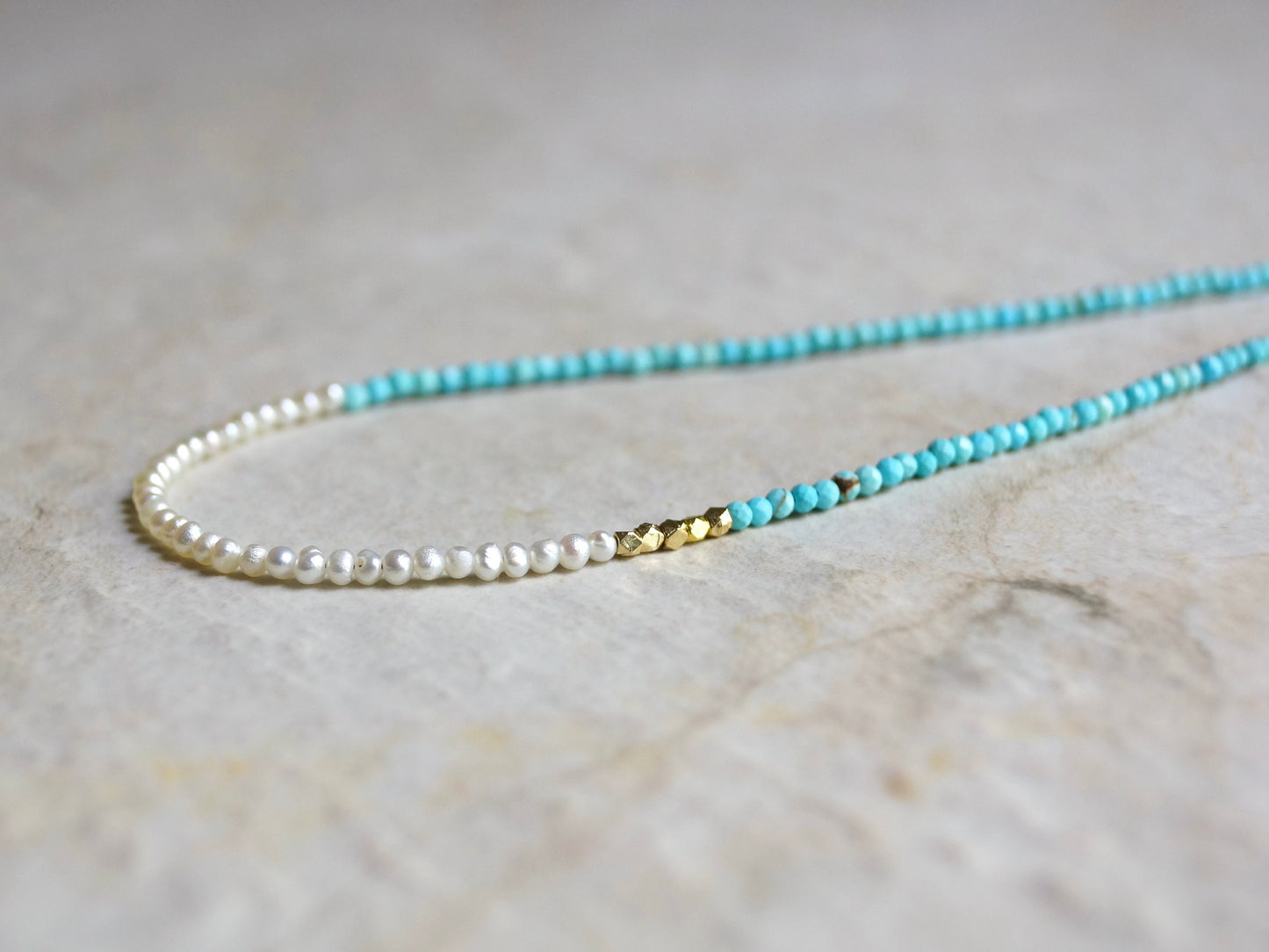 14K Solid Gold: Turquoise and Pearl Beaded Necklace, Simple Layer Turquoise, Dainty Very Thin Gemstone Necklace, 2mm, Fine Jewelry