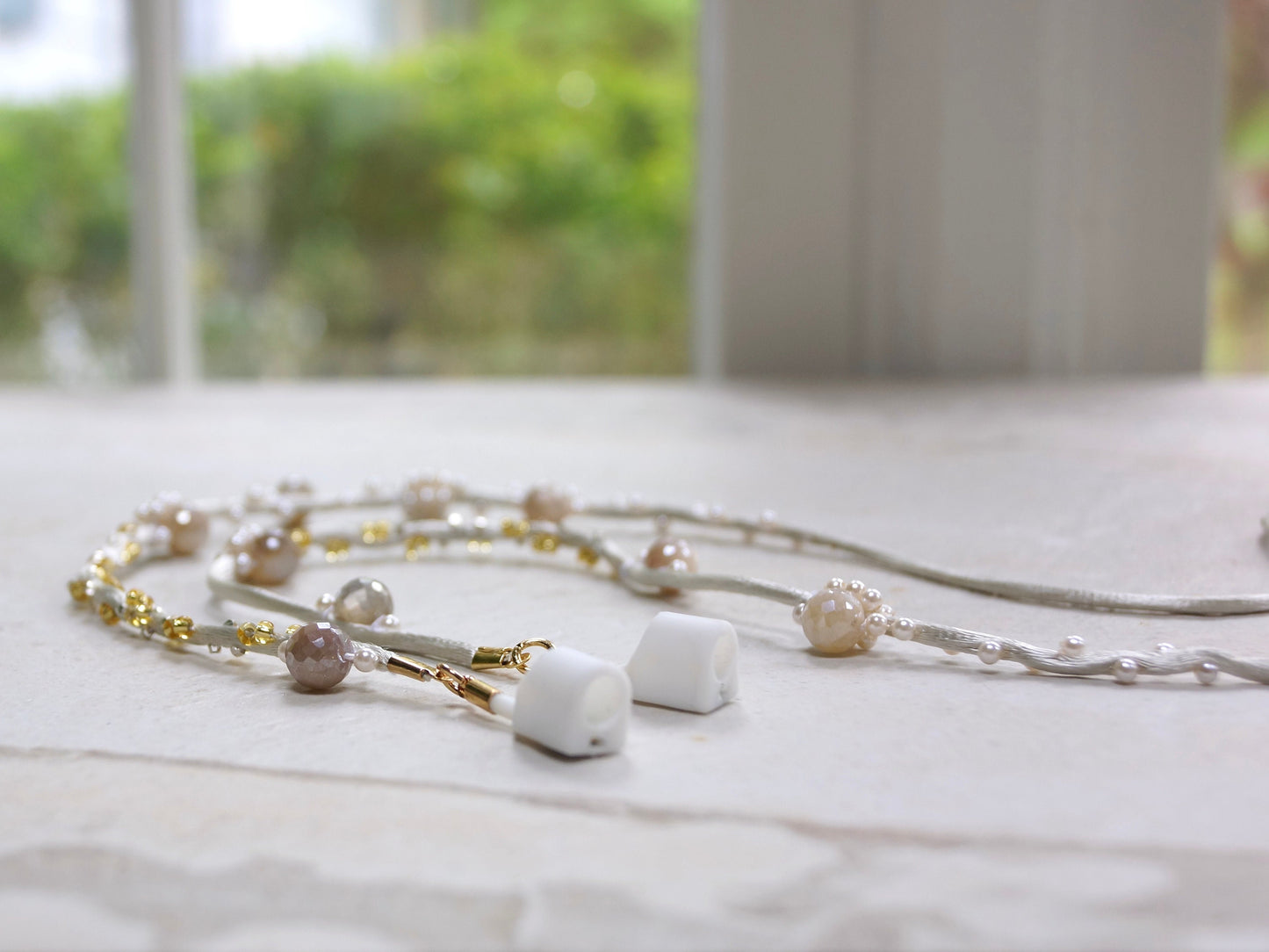 AirPods Beaded Necklace Straps, Eye Glasses Straps, Fiber Lariat Necklace, Ivory Pearls, Wireless Earbuds, Trendy Jewelry Straps