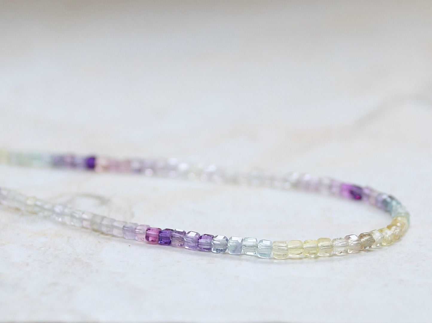 14K Solid Gold: Fluorite Beaded Necklace | Multi Color | Gradient Gemstone | Ombre Necklace | Layered | Purple Green Blue Yellow