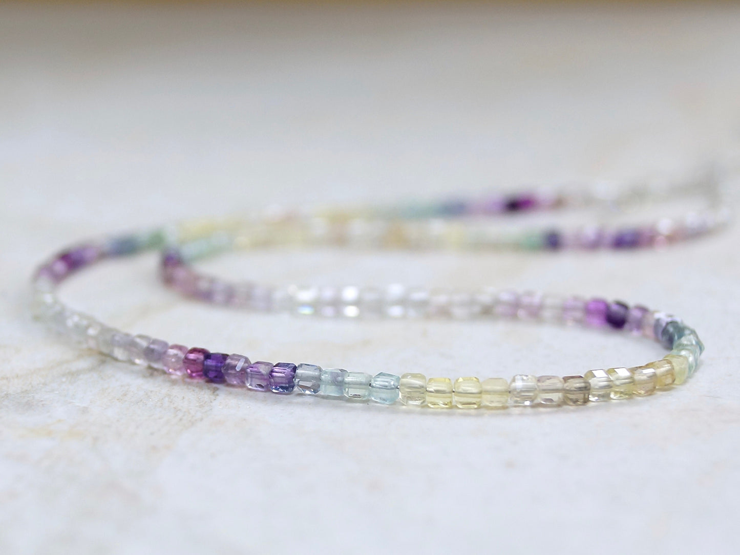 14K Solid Gold: Fluorite Beaded Necklace | Multi Color | Gradient Gemstone | Ombre Necklace | Layered | Purple Green Blue Yellow