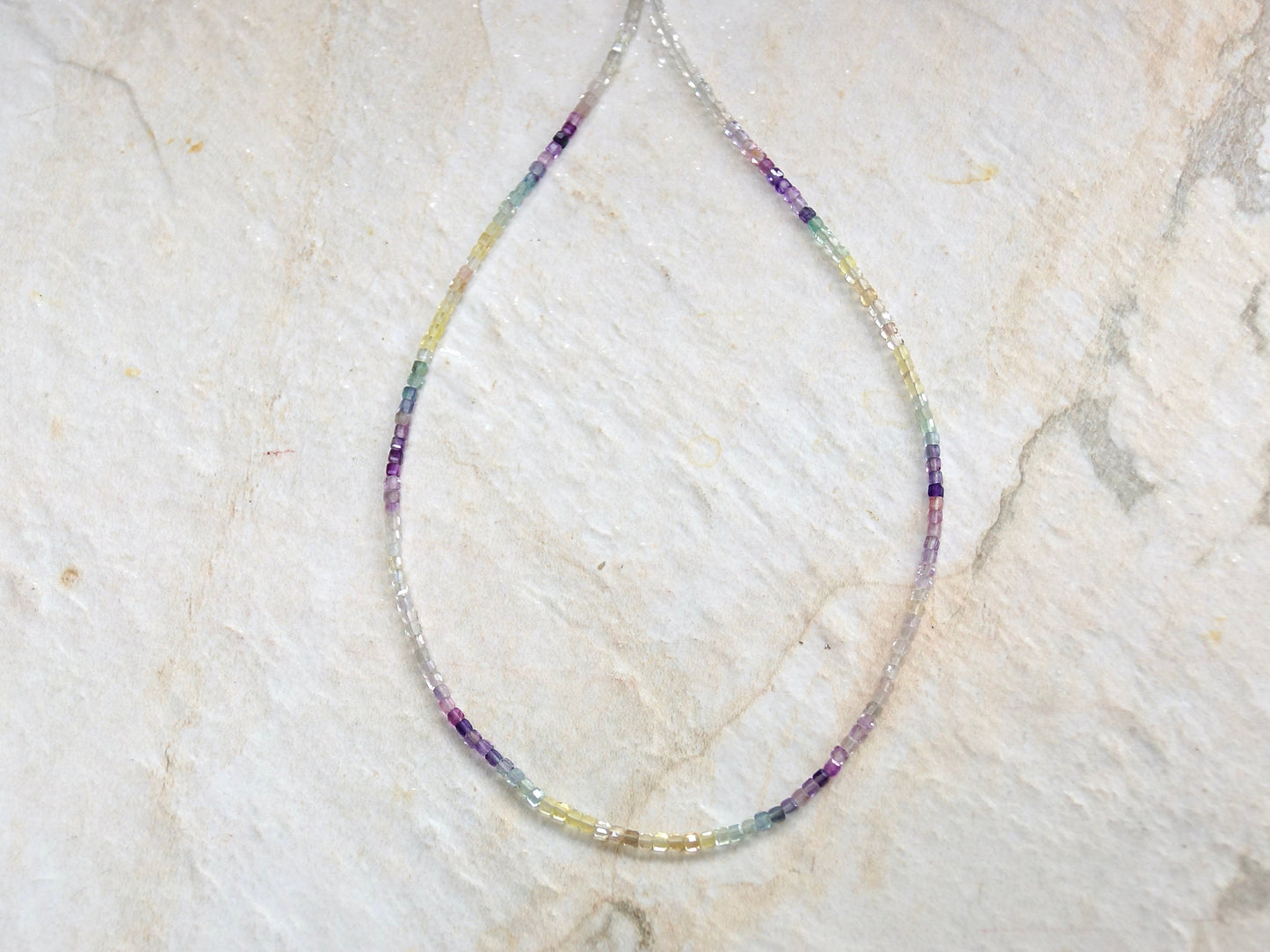 14K Solid Gold: Fluorite Beaded Necklace | Multi Color | Gradient Gemstone | Ombre Necklace | Layered | Purple Green Blue Yellow