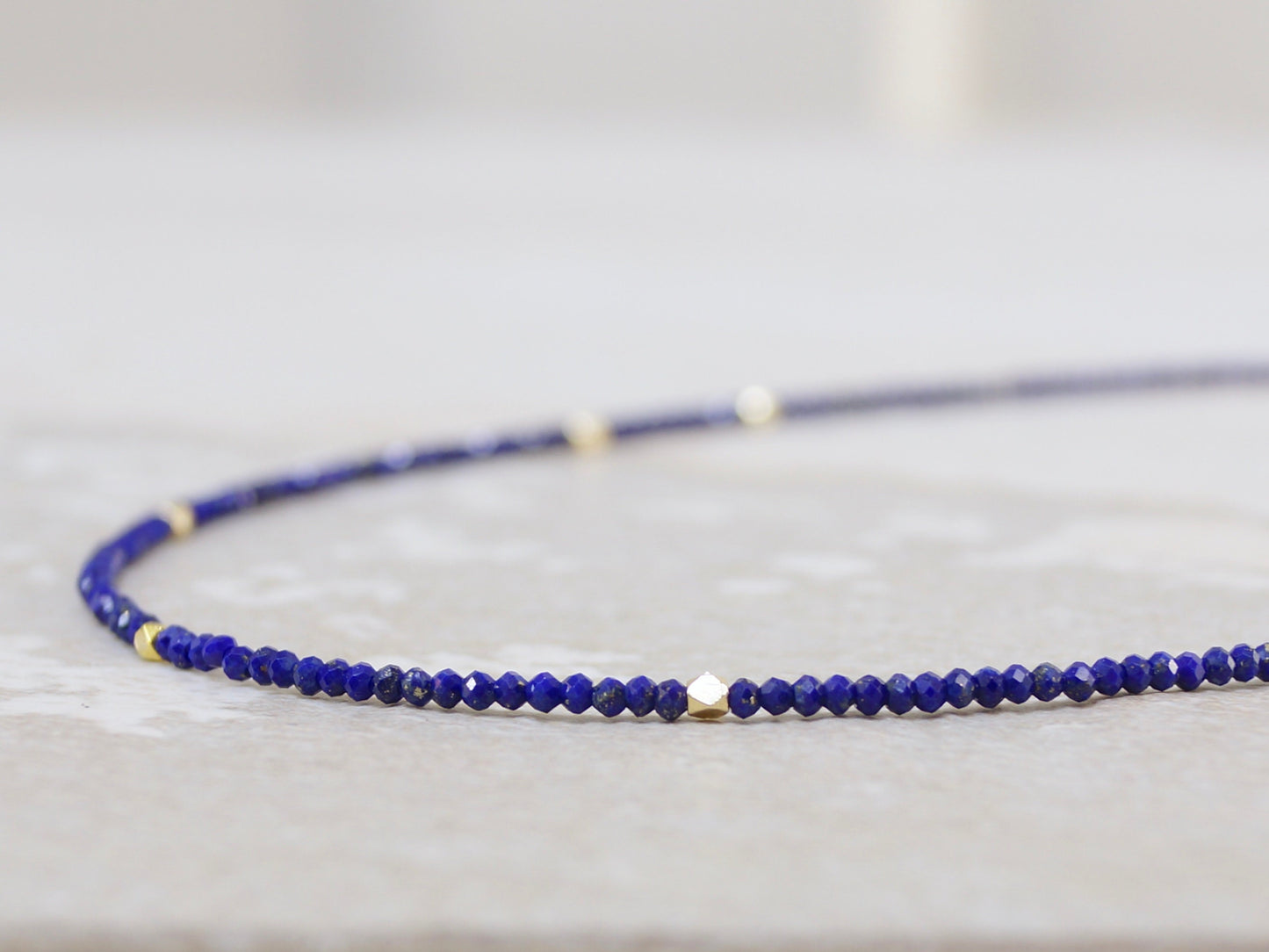 14K Solid Gold: Lapis Lazuli Beaded Necklace, Simple Layer Lapis Choker, Dainty Navy Blue Gemstone Necklace, Fine Jewelry, Minimalist