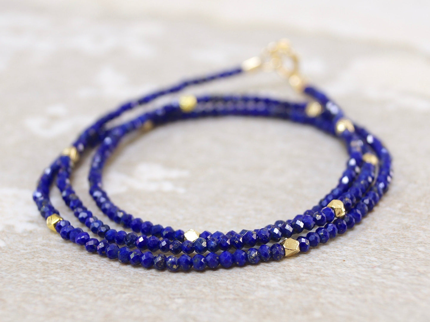 14K Solid Gold: Lapis Lazuli Beaded Necklace, Simple Layer Lapis Choker, Dainty Navy Blue Gemstone Necklace, Fine Jewelry, Minimalist