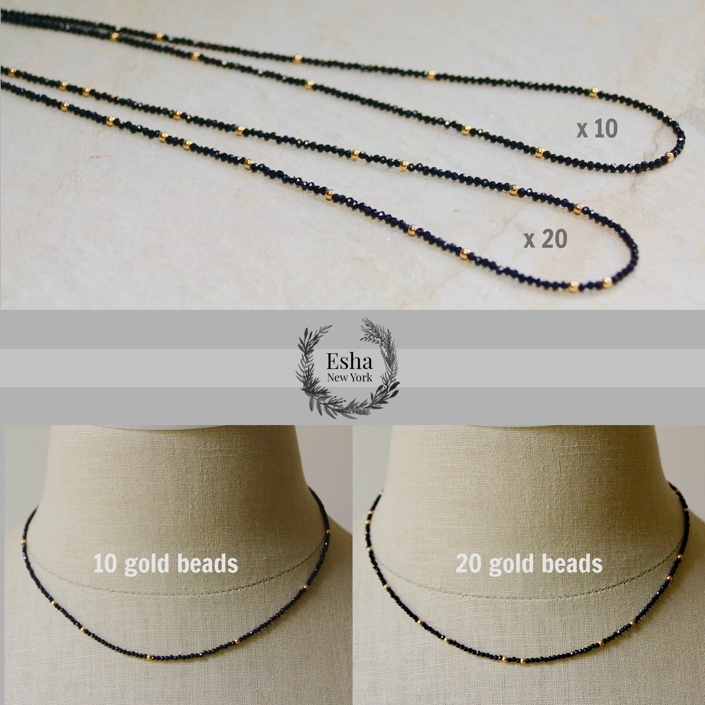 14K Solid Gold: 16" Black Spinel Beaded Necklace, Choker, Black Diamond Spinel, Modern White Gold, Fine Jewelry