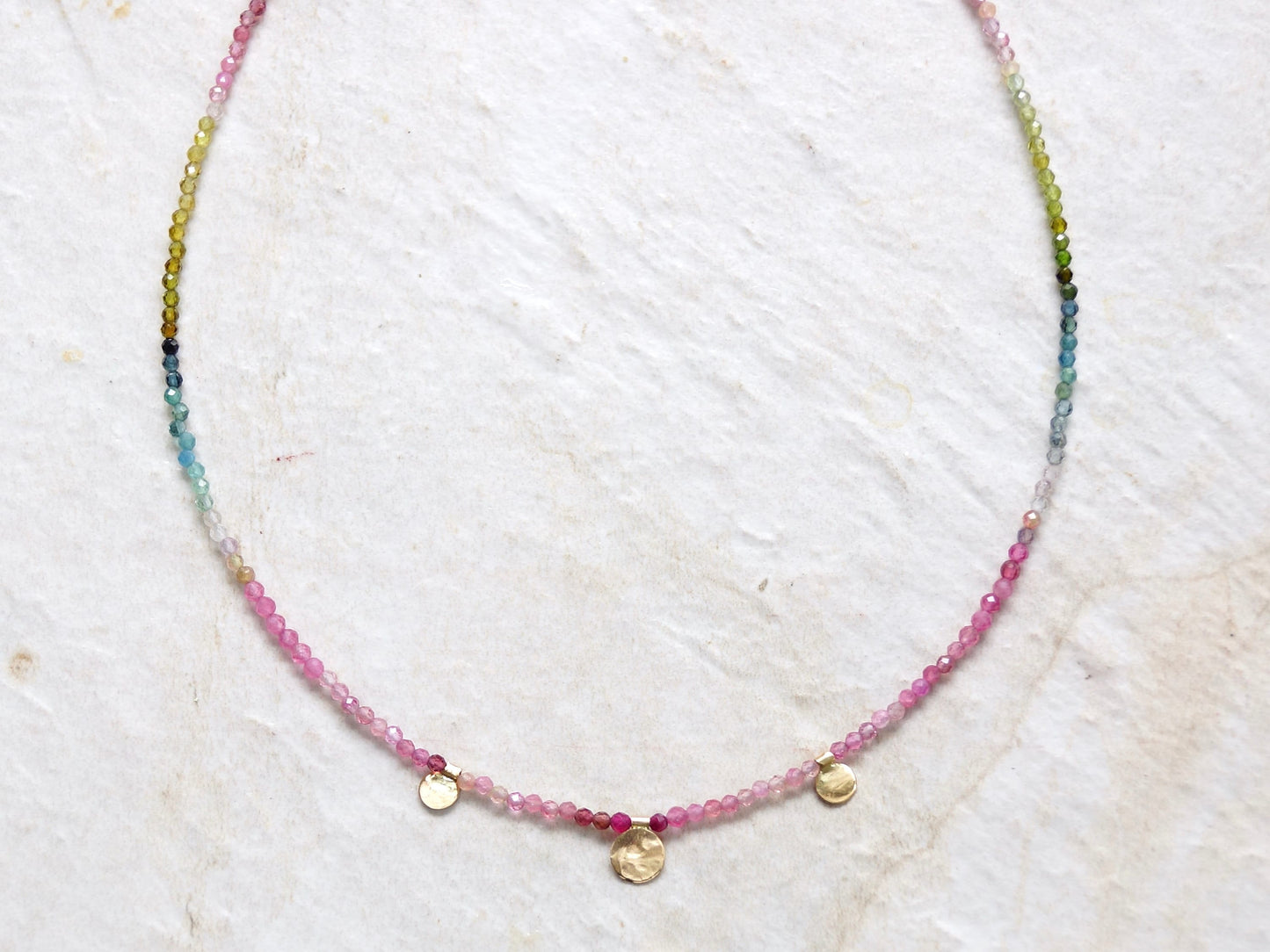 14K: Ombre Tourmaline Bead Necklace| Multi Color| Pink Tourmaline| Fine Jewelry| Gold Disc| Solid Gold Jewelry| Boho| Bohemian