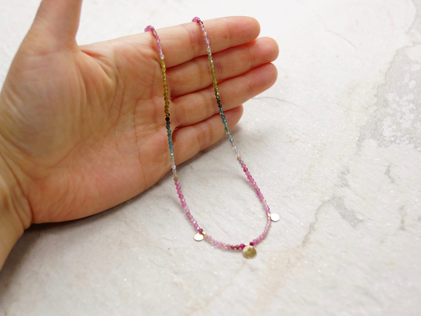 14K: Ombre Tourmaline Bead Necklace| Multi Color| Pink Tourmaline| Fine Jewelry| Gold Disc| Solid Gold Jewelry| Boho| Bohemian