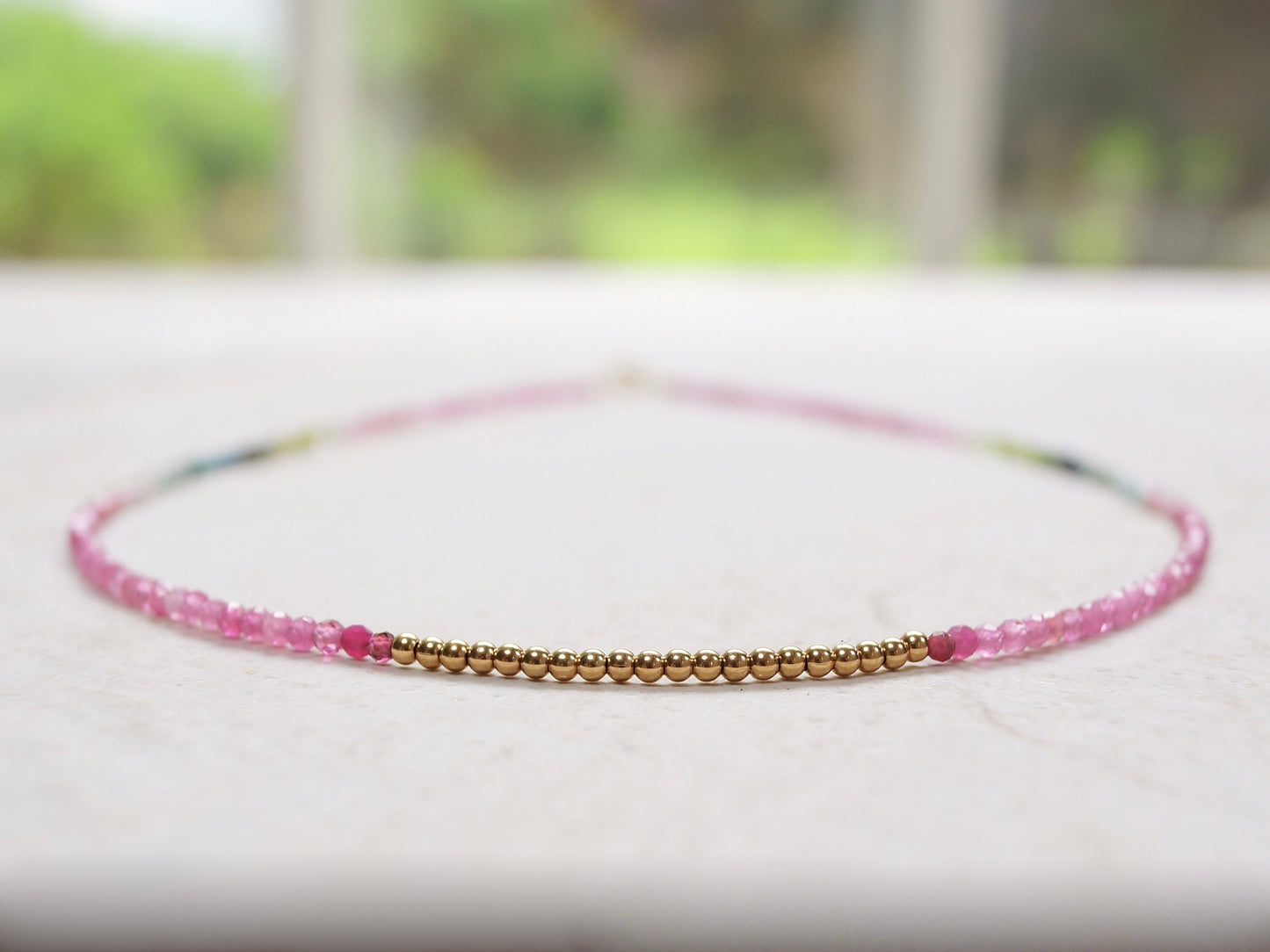 14K: Tourmaline Bead Necklace| 2.5mm| Watermelon Tourmaline| Rainbow Gemstone| Multi Color| Choker| Boho| Bohemian |Dainty |Fine Jewelry