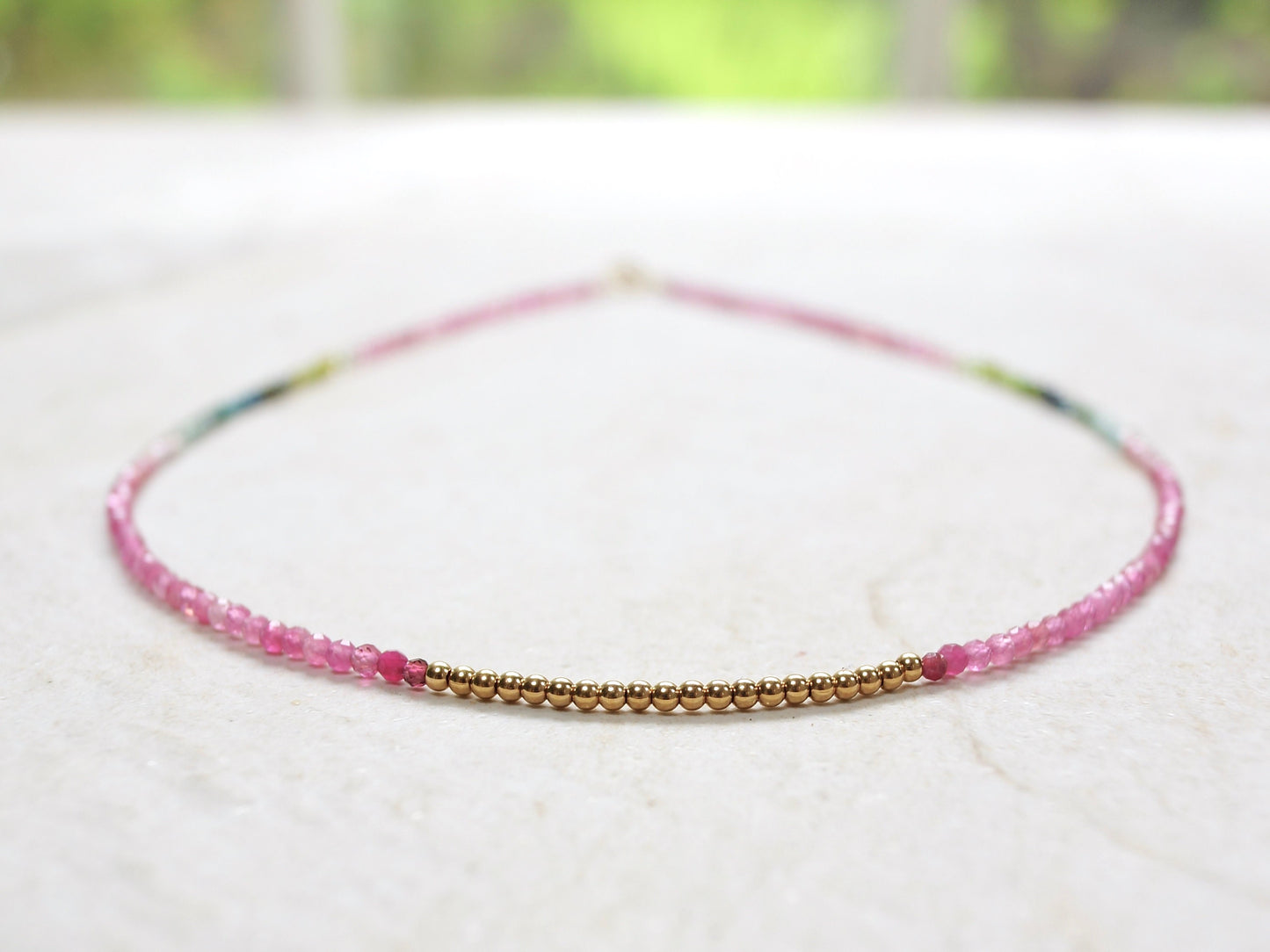 14K: Tourmaline Bead Necklace| 2.5mm| Watermelon Tourmaline| Rainbow Gemstone| Multi Color| Choker| Boho| Bohemian |Dainty |Fine Jewelry