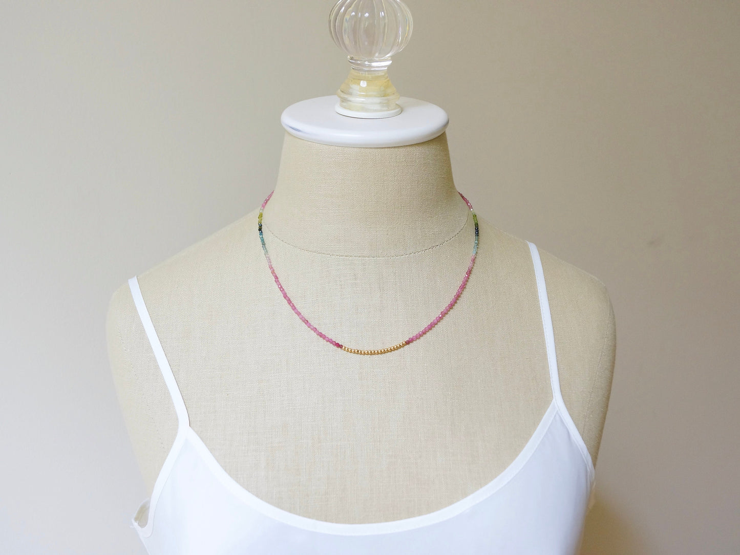 14K: Tourmaline Bead Necklace| 2.5mm| Watermelon Tourmaline| Rainbow Gemstone| Multi Color| Choker| Boho| Bohemian |Dainty |Fine Jewelry