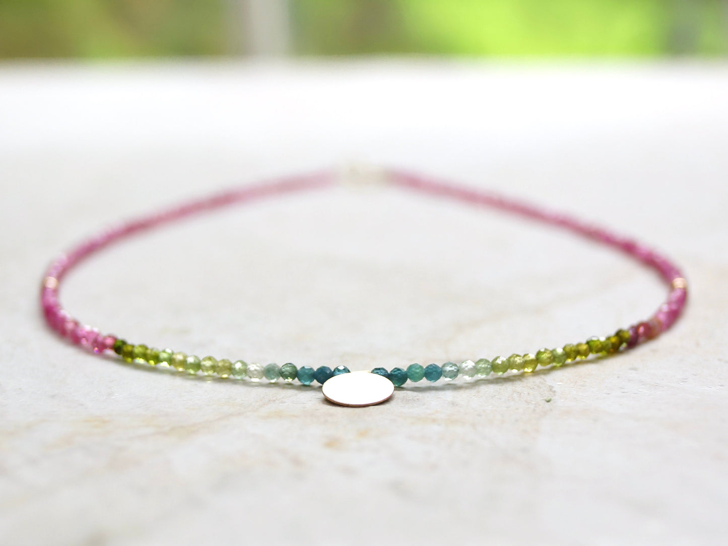 14K: Gold Disk & Tourmaline Necklace| Boho| Bohemian| Solid Gold| Fine Jewelry| Multi Color| Rainbow Tourmaline| Pink Blue Green| Choker